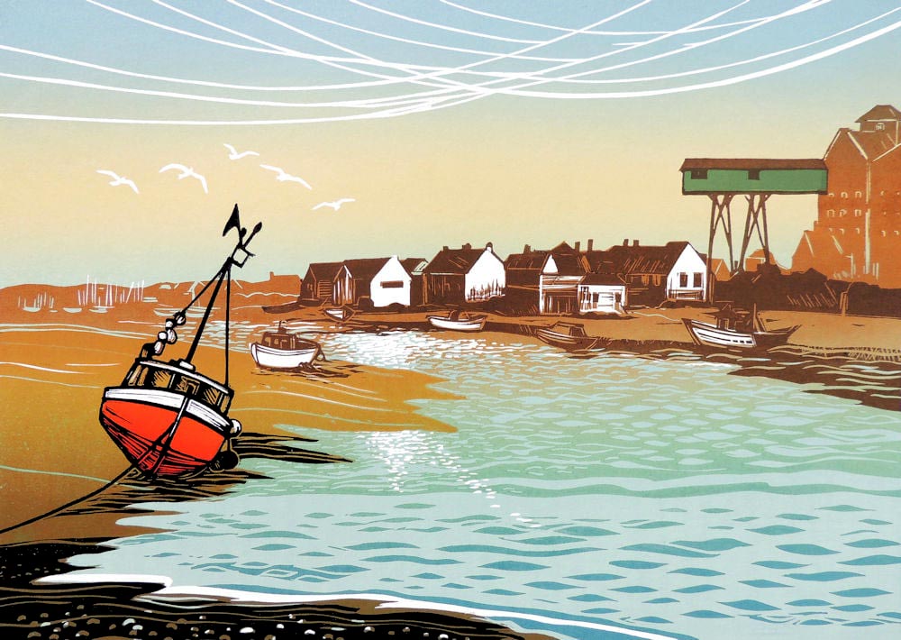 Rob Barnes at Norton Way Gallery, Hertfordshire. This original artwork by British artist, Rob Barnes is an original artist's linocut print. It depicts a harbour scene with a beached red boat.