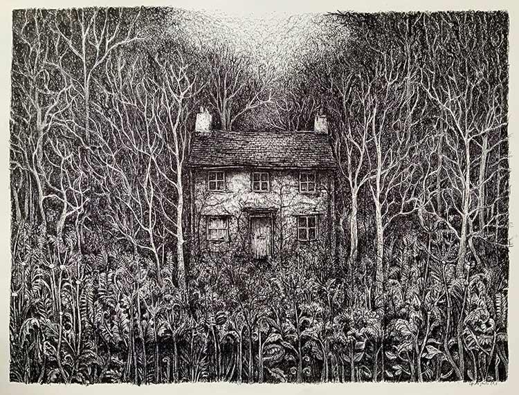 Lynda Jones art at Norton Way Gallery Hertfordshire. This beautiful pencil drawing is an original artwork by Welsh artist Lynda Jones. It depicts a woodland, lanscape scene with a cottage surrounded by a forest of winter trees.