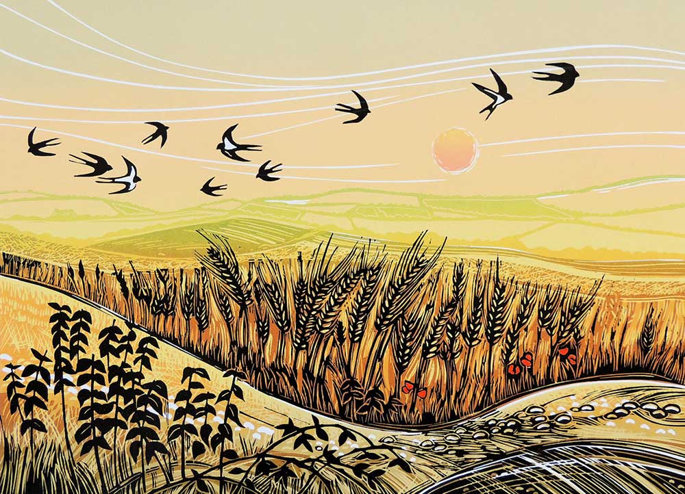 Rob Barnes at Norton Way Gallery, Hertfordshire. This original wildlife artwork by British artist, Rob Barnes is an original artist's linocut print. It depicts a field of barley with swallows flying above.