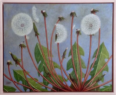 Victoria Webster at Norton Way Gallery, Hertfordshire. This original artwork by British artist, Victoria Webster is painted in oils. It depicts a row of Dandelion Dreamclocks.. This original painting is framed in a hand painted, off white frame.