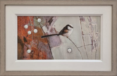 Neil Cox at Norton Way Gallery, Hertfordshire. This original artwork by British artist, Neil Cox is painted in oils. It depicts a beautiful Long-tailed Tit is winter, with Snowberries.