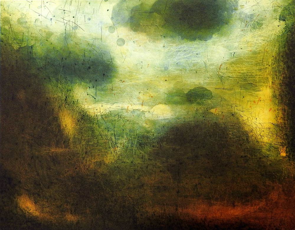 Stephen Lawlor at Norton Way Gallery, Hertfordshire. This original artwork by Dublin artist, Stephen Lawlor is an original artist's etching. It depicts a semi abstract landscape in hues of light and dark, yellow, red and aqua.