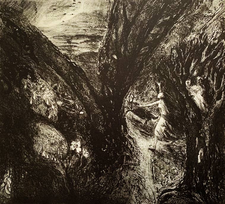 Flora McLachlan at Norton Way Gallery, Hertfordshire. This original artwork by British artist, Flora McLachlan is an original artist's etching. It depicts a semi abstract magical and narrative landscape. It is a monotone scene of a female figure and stag, roaming through a forest. There are skulls depicted in the trees.