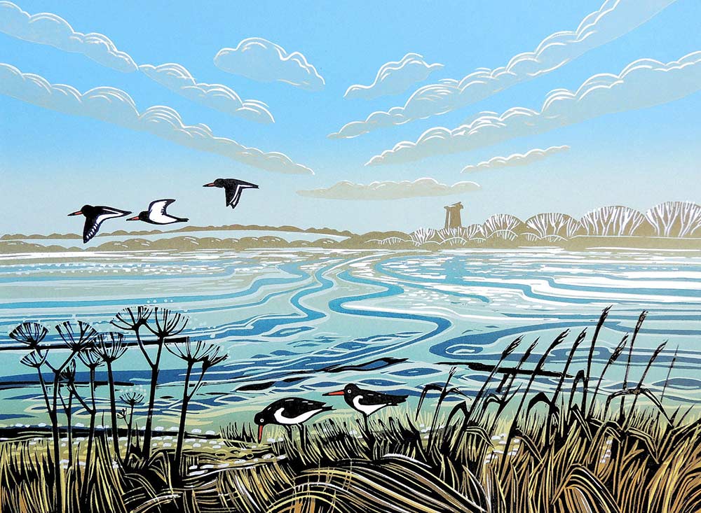 Rob Barnes at Norton Way Gallery, Hertfordshire. This original artwork by British artist, Rob Barnes is an original artist's linocut print. It depicts an estuary scene with a beautiful Oystercatcher birds.