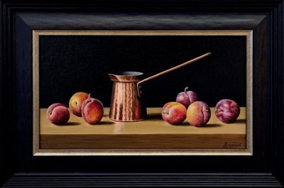 Anne Songhurst Art at Norton Way Gallery Hertfordshire. This beautiful oil painting is an original artwork by British artist Anne Songhurst. It depicts ripe plums and a shiney copper pan. It is framed in a dark wooden frame with a gold slip.