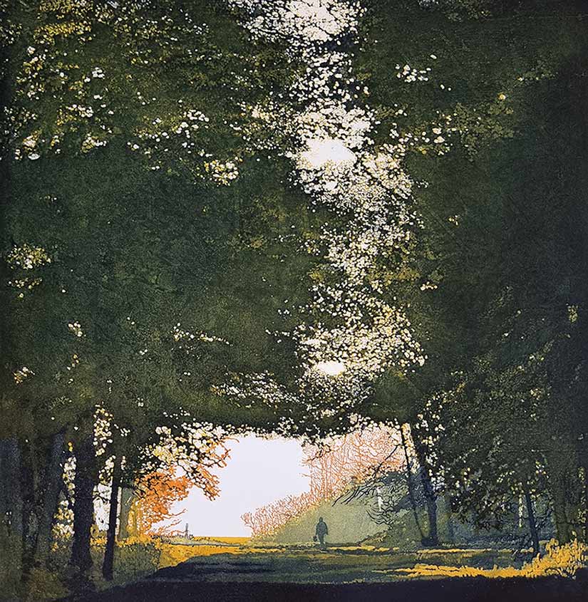 Phil Greenwood RE, at Norton Way Gallery, Hertfordshire. This original artwork by British artist, Phil Greenwood RE is an original artist's etching. It depicts tall autumnal trees, at the edge of a clearing. A figure is seen walking, Going Home.