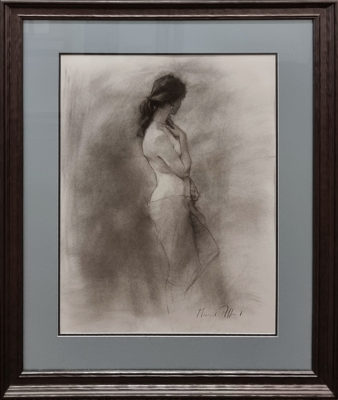 Michael Alford Art at Norton Way Gallery. This beautiful charcoal drawing, is an original artwork by British artist Michael Alford. It depicts a nude female figure, turning away from us.It is framed in a dark pewter finished frame.