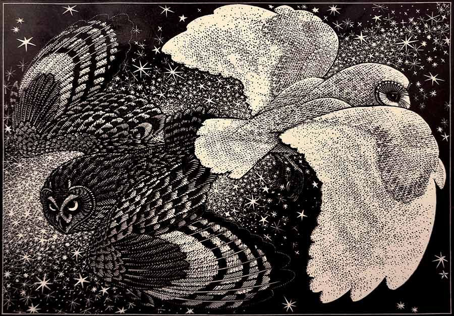 Colin See-Paynton, at Norton Way Gallery, Hertfordshire. This original artwork by British artist, Colin See-Paynton is an original artist's woodengraving. It depicts two owls passing each other, in flight, at night.