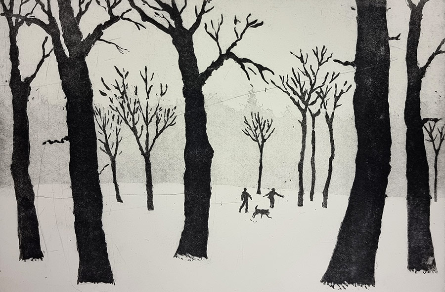 Tim Southall at Norton Way Gallery, Hertfordshire. This original artwork by British artist, Tim Southall is an original etching. It depicts two people and a dog in a winter, woodland landscape.