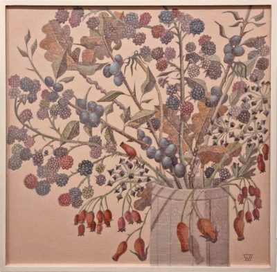 Victoria Webster at Norton Way Gallery, Hertfordshire. This original artwork by British artist, Victoria Webster is painted in oils. It depicts a table pot filled with autumnal berries and seed heads.