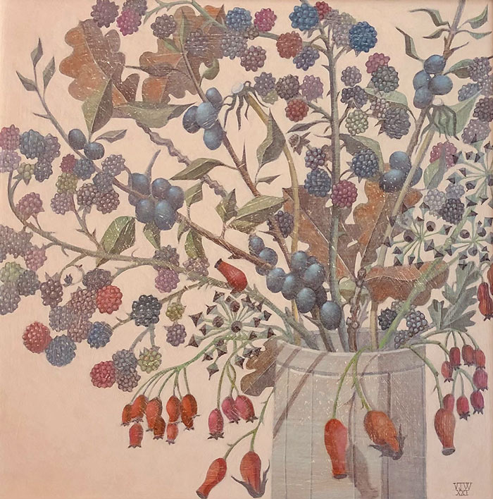 Victoria Webster at Norton Way Gallery, Hertfordshire. This original artwork by British artist, Victoria Webster is painted in oils. It depicts a table pot filled with autumnal berries and seed heads.