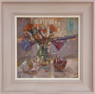 Andrew Farmer at Norton Way Gallery, Hertfordshire. This original artwork by British artist, Andrew Farmer is painted in oils. It depicts a glass vase of flowers and some conkers. This original painting is framed in a hand painted, off white frame.