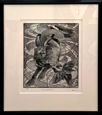 Colin See Paynton Wood Engraving. Hare leaping. At Norton Way Gallery.