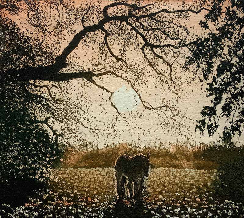 Jo Barry RE at Norton Way Gallery, Hertfordshire. This original artwork by British artist, Jo Barry is an original etching. It depicts the silhouette of a horse in a winter landscape