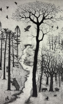 Tim Southall at Norton Way Gallery, Hertfordshire. This original artwork by British artist, Tim Southall is an original etching. It depicts bears, birds, deer and people in a winter, woodland landscape.