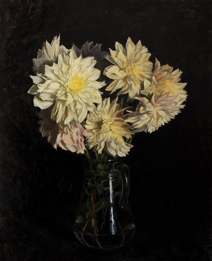 Rosemary Lewis at Norton Way Gallery, Hertfordshire. This original artwork by British artist, Rosemary Lewis is painted in oils. It depicts a bunch of cream coloured Dahlias in a glass jug. This original painting is framed in a hand painted, off white frame.
