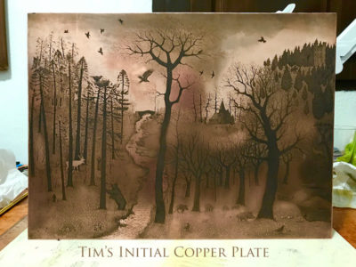 Tim Southall at Norton Way Gallery, Hertfordshire. This copper, etching, plate by British artist, Tim Southall is depicts bears, birds, deer and people in a winter, woodland landscape.