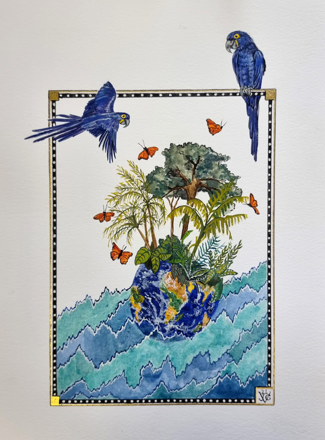 Juliet Venter at Norton Way Gallery, Hertfordshire. This original artwork by artist, Juliet Venter is an original artist painting. It depicts two blue parrots above an earth like egg.