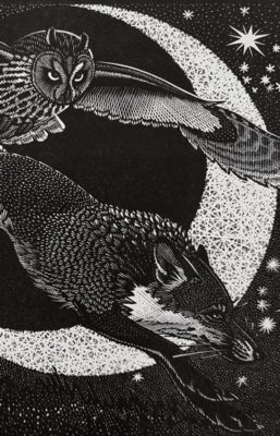 Colin See-Paynton, at Norton Way Gallery, Hertfordshire. This original artwork by British artist, Colin See-Paynton is an original artist's woodengraving. It depicts a detailed black and white study of a fox and owl in a moonlit sky.