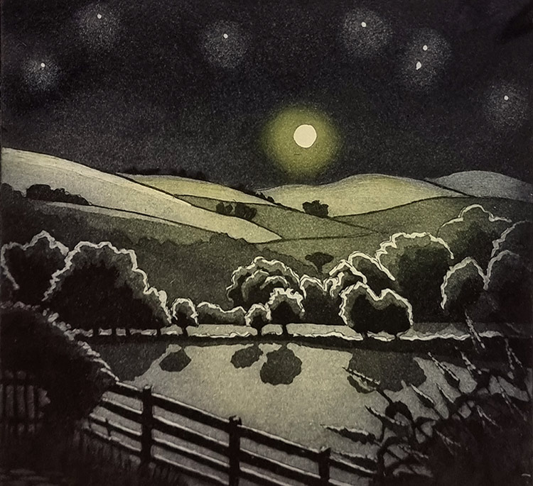 Morna Rhys, at Norton Way Gallery, Hertfordshire. This original artwork by British artist, Morna Rhys is an original artist's etching. It depicts a romantic night time scene with hills, trees and a full moon.