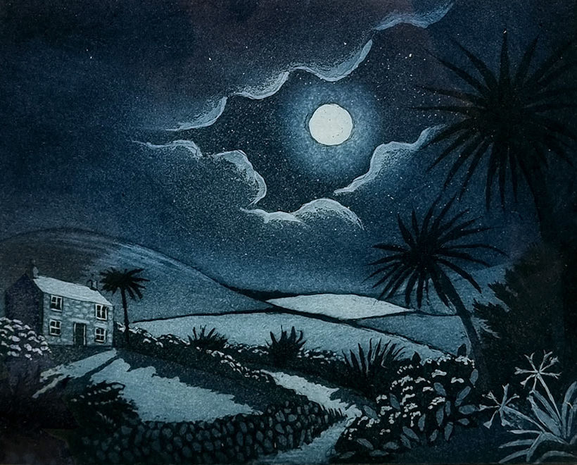 Morna Rhys, at Norton Way Gallery, Hertfordshire. This original artwork by British artist, Morna Rhys is an original artist's etching. It depicts a romantic night time scene with hills, cottage, palm trees and a full moon.