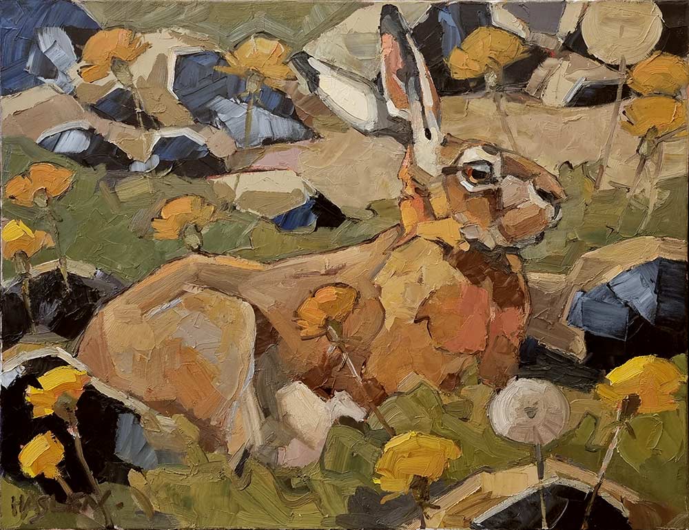 Andrew Haslen at Norton Way Gallery, Hertfordshire. This original artwork by British artist, Andrew Haslen is painted in oils. It depicts a Brown Hare nestled among grasses, dadelions and flints.