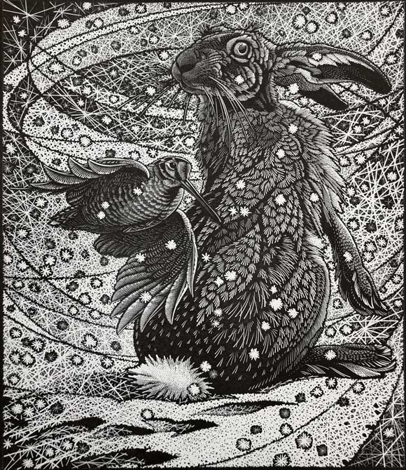 Colin See-Paynton, at Norton Way Gallery, Hertfordshire. This original artwork by British artist, Colin See-Paynton is an original artist's woodengraving. It depicts a detailed black and white study of a fwoodcock and hare, in a snow storm.