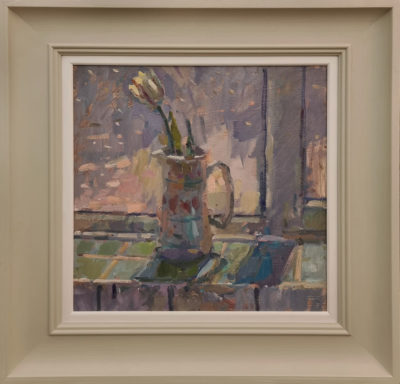Andrew Farmer at Norton Way Gallery, Hertfordshire. This original artwork by British artist, Andrew Farmer is painted in oils. It depicts a jug of Tulips on a window shelf. This original painting is framed in a hand painted, off white frame.