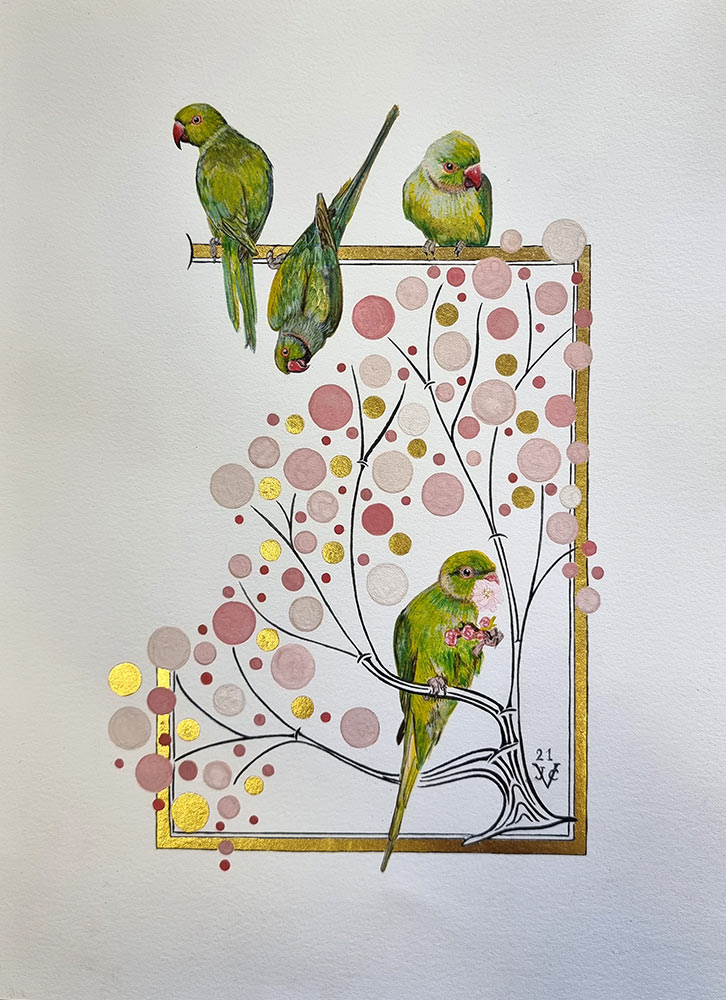 Juliet Venter at Norton Way Gallery, Hertfordshire. This original artwork by artist, Juliet Venter is an original artist painting. It depicts four green parrots in a stylized tree. .
