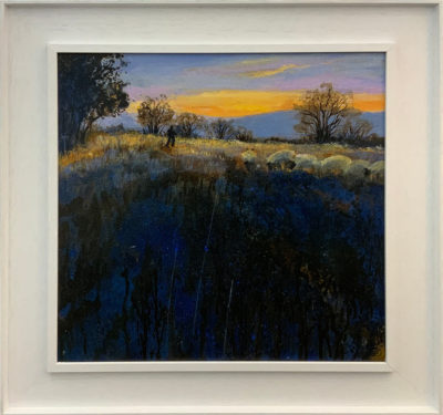 Sally Bassett at Norton Way Gallery, Hertfordshire. This original artwork by British artist, Salley Bassett is painted in acrylics. It depicts a dark, landscape with a beautiful sunset, sheep and person walking. It is framed in a white moulding.
