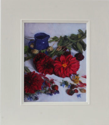 Rosemary Lewis at Norton Way Gallery, Hertfordshire. This original artwork by British artist, Rosemary Lewis is painted in oils. It depicts a a collection of flowers that have been selected for arranging. This original painting is framed in a hand painted, off white frame.