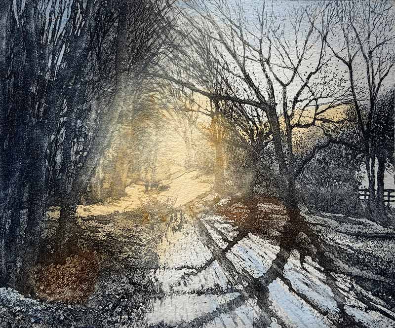 Jo Barry RE at Norton Way Gallery, Hertfordshire. This original artwork by British artist, Jo Barry is an original etching. It depicts the sun shining on to a snowy woodland landscape.