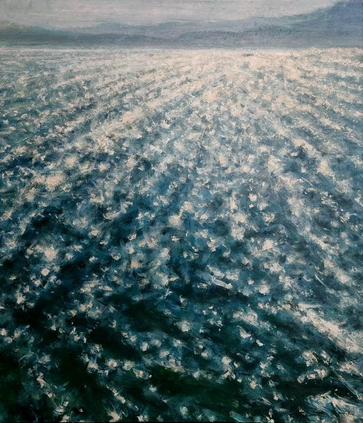 Justin Tew at Norton Way Gallery, Hertfordshire. This original artwork by British artist, Justin Tew is painted in oils. It depicts a sparkling and shimmering dark turquois, green and blue sea. The sun is reflected off of the waves.