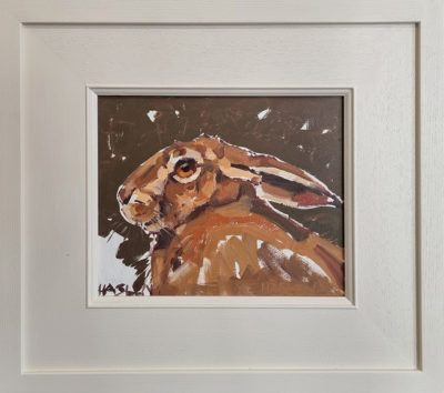 Andrew Haslen at Norton Way Gallery, Hertfordshire. This original artwork by British artist, Andrew Haslen is painted in oils. It depicts a close up portrait of a Brown Hare.