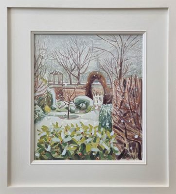 Amie Haslen at Norton Way Gallery, Hertfordshire. This original artwork by British artist, Amie Haslen is painted in acrylics. It depicts a wintery garden scene, with snow falling.