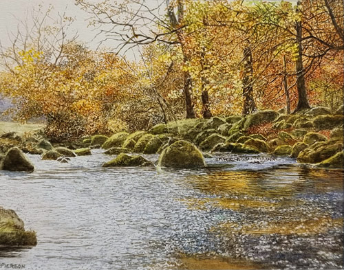 Rosalind Pierson art at Norton Way Gallery Hertfordshire. This beautiful, miniature, painting has been painted in watercolour. It is an original artwork from British artist Rosalind Pierson and depicts a river and woodland scene in autumn. It is framed in a gold frame.