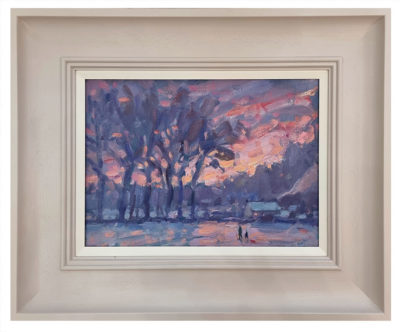 Andrew Farmer at Norton Way Gallery, Hertfordshire. This original artwork by British artist, Andrew Farmer is painted in oils. It depicts a pink sunset against a snowy landscape.. This original painting is framed in a hand painted, off white frame.