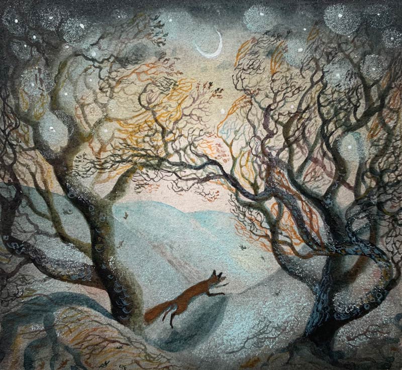 Flora McLachlan at Norton Way Gallery, Hertfordshire. This original artwork by British artist, Flora McLachlan is painted in watercolour. It depicts a tiny fox scampering across a starlit landscape.