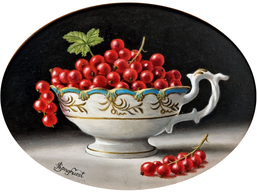 Anne Songhurst Art at Norton Way Gallery Hertfordshire. This beautiful oil painting is an original artwork by British artist Anne Songhurst. It is a still life painting, depicting an ornate tea cup and a bunch of redcurrants. It is framed in a dark wooden oval frame with a gold slip.