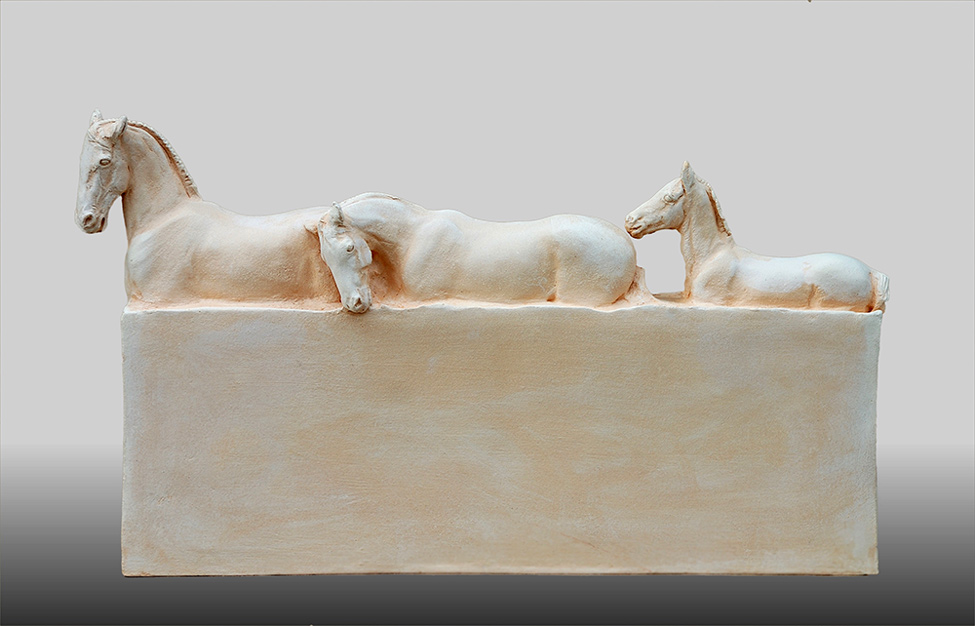 Susan Leyland at Norton Way Gallery. This fired clay, horse block, sculpture is an original artwork by artist Susan Leyland. It depicts a three beautiful horses wading through a river.