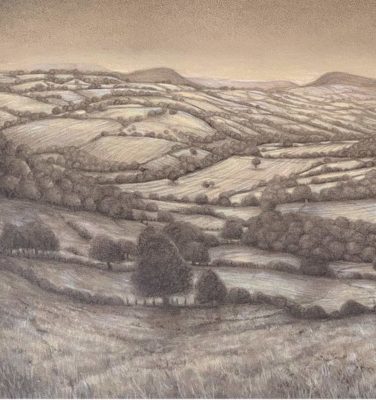 Lynda Jones at Norton Way Gallery. This artwork from Lynda Jones is an original drawing and depicts rolloing hills, trees and hedges.