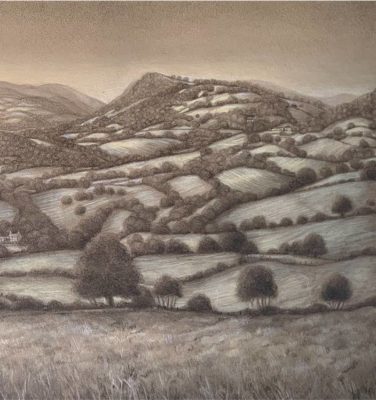Lynda Jones at Norton Way Gallery. This artwork from Lynda Jones is an original drawing and depicts rolloing hills, trees and hedges.