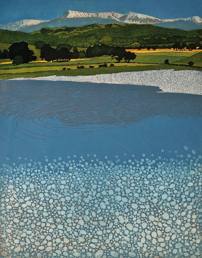 Phil Greenwood RE, at Norton Way Gallery, Hertfordshire. This original artwork by British artist, Phil Greenwood RE is an original artist's etching. It depicts a lake with hills in the background.