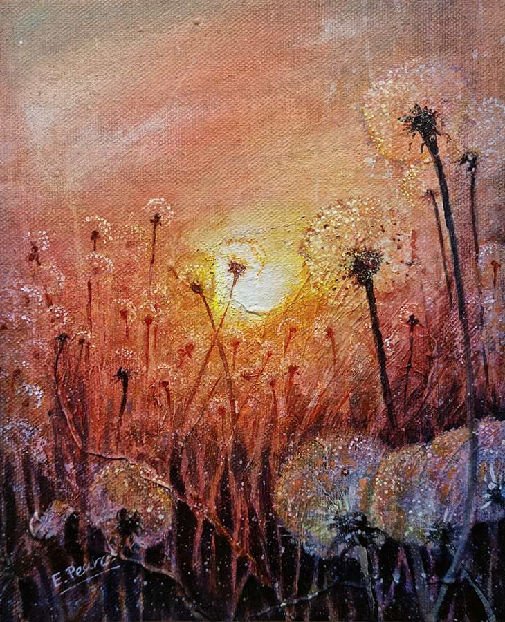 Emma Pearce at Norton Way Gallery Hertfordshire. This acrylic painting is an original artwork from Emma Pearce. It depicts a romantic sunset with dandelion seed heads.