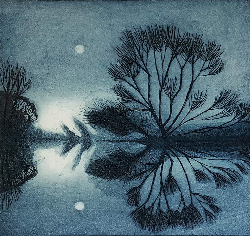 Morna Rhys, at Norton Way Gallery, Hertfordshire. This original artwork by British artist, Morna Rhys is an original artist's etching. It depicts a romantic night time scene with trees, a lake and a full moon.
