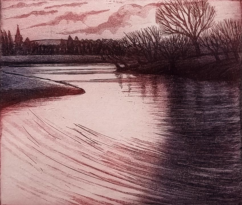 Morna Rhys, at Norton Way Gallery, Hertfordshire. This original artwork by British artist, Morna Rhys is an original artist's etching. It depicts a romantic night time scene with hills, trees and a lake.