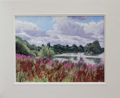 Rosemary Lewis at Norton Way Gallery, Hertfordshire. This original artwork by British artist, Rosemary Lewis is painted in oils. It depicts a view of the Thames, flanked by tall trees, with purple flowers in the foreground. This original painting is framed in a hand painted, off white frame.