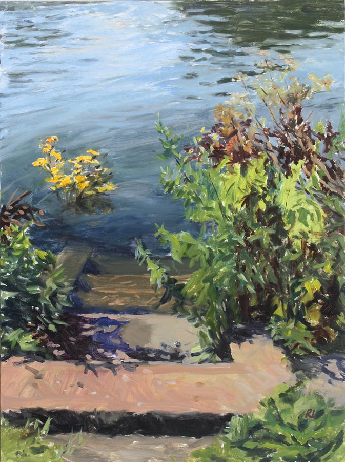 Rosemary Lewis at Norton Way Gallery, Hertfordshire. This original artwork by British artist, Rosemary Lewis is painted in oils. It depicts old concrete steps leading down to the river, plants and yellow flowers are edge them This original painting is framed in a hand painted, off white frame.