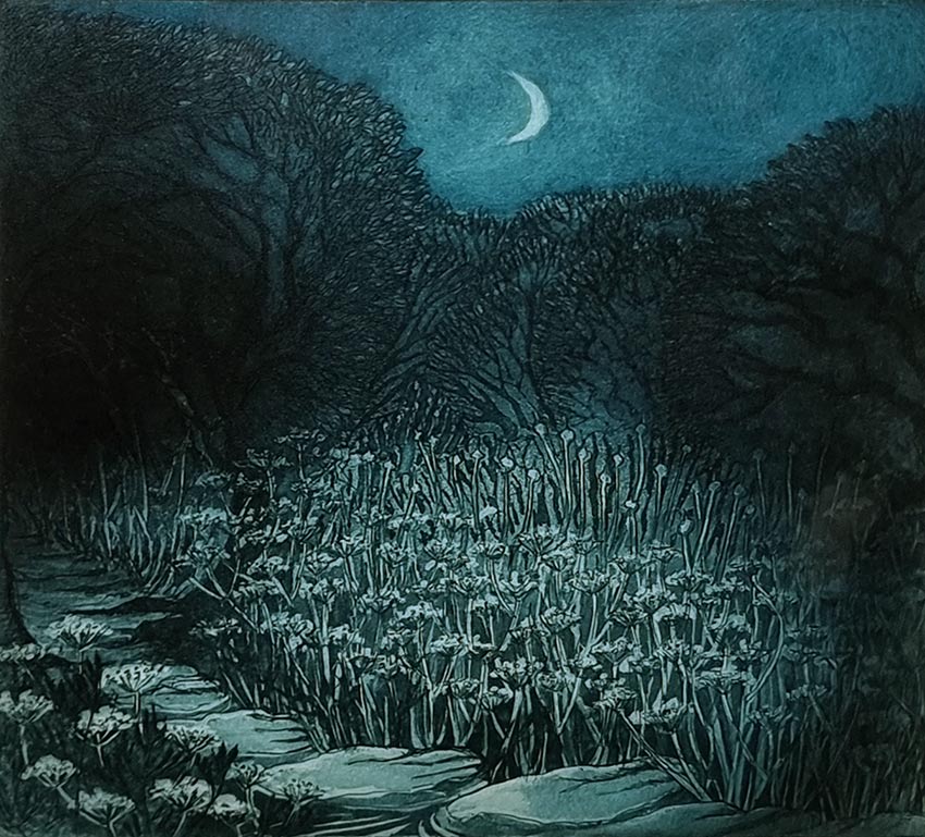 Morna Rhys, at Norton Way Gallery, Hertfordshire. This original artwork by British artist, Morna Rhys is an original artist's etching. It depicts a romantic night time scene with with trees, a path and a crescent moon.