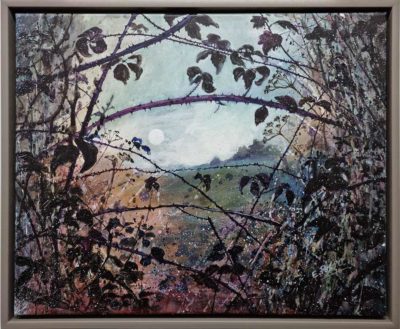Emma Pearce at Norton Way Gallery Hertfordshire. This acrylic painting is an original artwork from Emma Pearce. It depicts a romantic view of a field and full moon, with briars in the foreground.